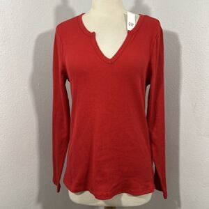 Gap Top Womens Medium Red Thermal Waffle Knit V Neck Stretch‎ Blouse